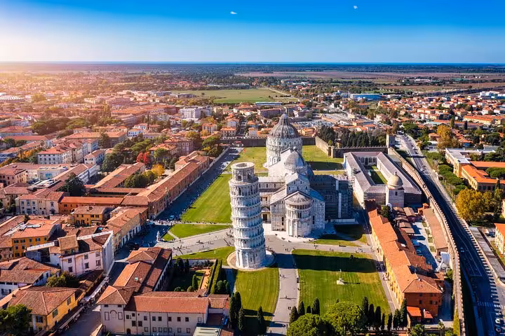 Aerial view of Leaning Tower of Pisa and Piazza dei Miracoli on a full-day trip from Rome