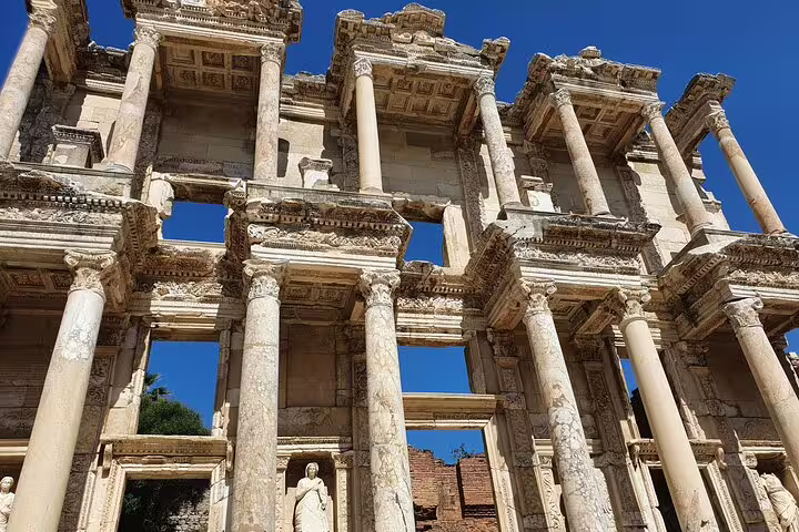 Close-up of the Library of Celsus facade in Ephesus on a guided tour from Izmir Cruise Port