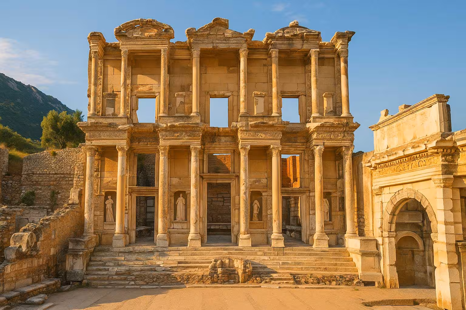Library of Celsus in ancient Ephesus ruins near Kusadasi, iconic landmark on 2-day guided Turkey tour