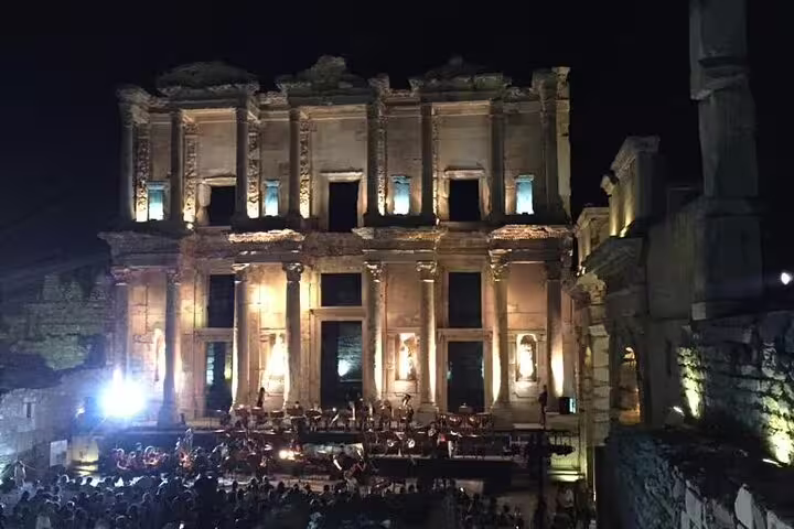Illuminated Library of Celsus at night in Ephesus on a private all-inclusive tour with lunch in Kusadasi