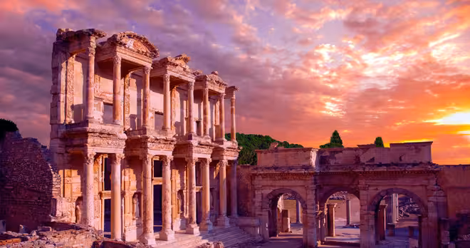 Library of Celsus at sunset in Ephesus, highlight of 2-day Kusadasi tour to Pamukkale and Ephesus