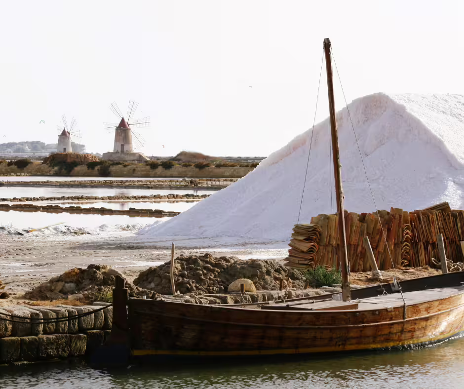 Traditional boat beside salt mounds and windmills at Lo Stagnone saltpans and Mothia Island on private tour from Palermo