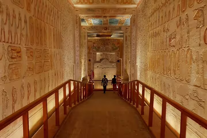Illuminated temple corridor with hieroglyphs in Luxor, a highlight of the 4 days 3 nights Luxor to Abu Simbel tour