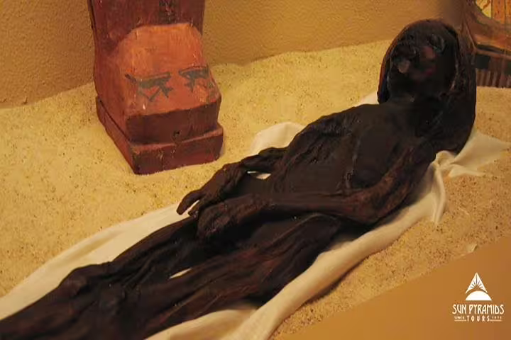 Ancient Egyptian mummy exhibit inside Luxor Mummification Museum, featured on half-day Luxor guided tour