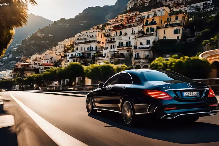 Luxury car driving along the scenic Amalfi Coast road with picturesque hillside buildings under a bright sky.