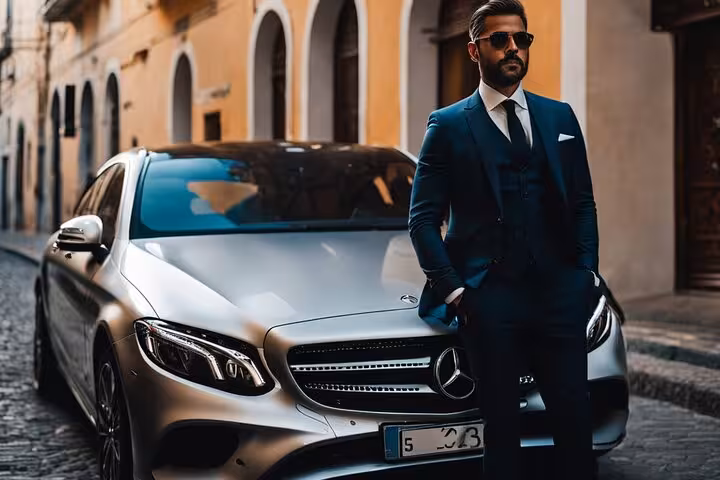 Elegant man in suit standing by a silver luxury car on a charming cobblestone street in Sorrento.