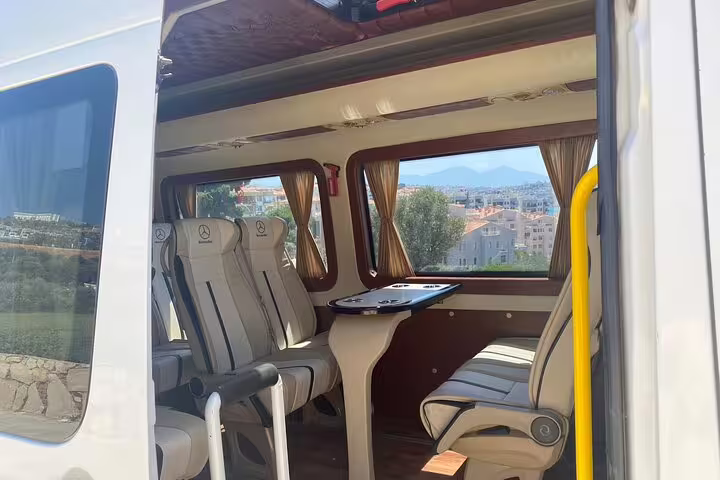 Luxury private tour minivan interior with table seating for Ephesus and Artemis Temple half-day tour