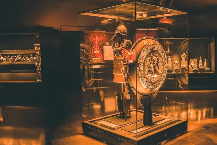Royal Macedonian armor and shield exhibit, museum visit on Alexander the Great private tour from Athens