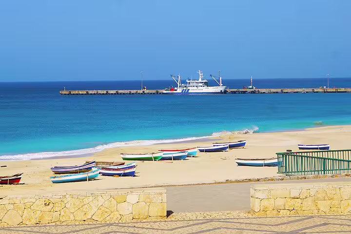 Maio Island beach and harbor view, ideal for private airport transfer to Vila do Maio, Cape Verde
