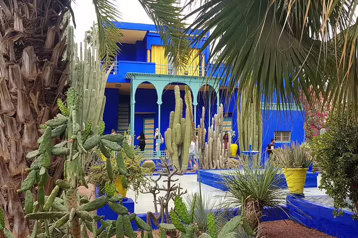 Majorelle Garden in Marrakech with blue villa and cacti, must-see on Morocco 11 days tour from Marrakech