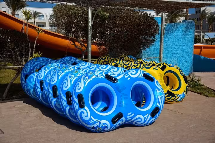 Inflatable double tubes ready for slides at Makadi Water World, Hurghada tour with lunch and transfers