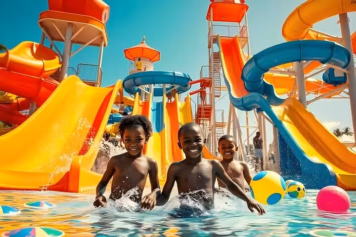 Kids splashing in pool by colorful slides at Makadi Water World, Hurghada water park with lunch and transfers