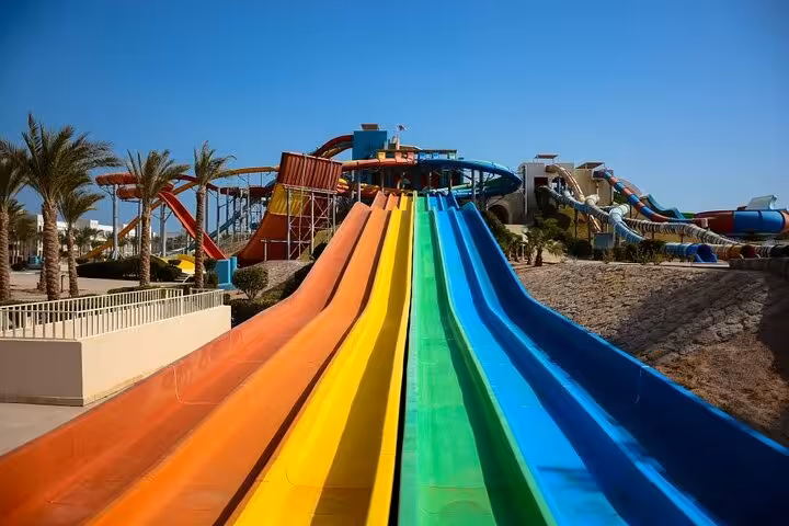 Rainbow multi-lane water slides at Makadi Water World, Hurghada day trip with lunch and hotel transfers