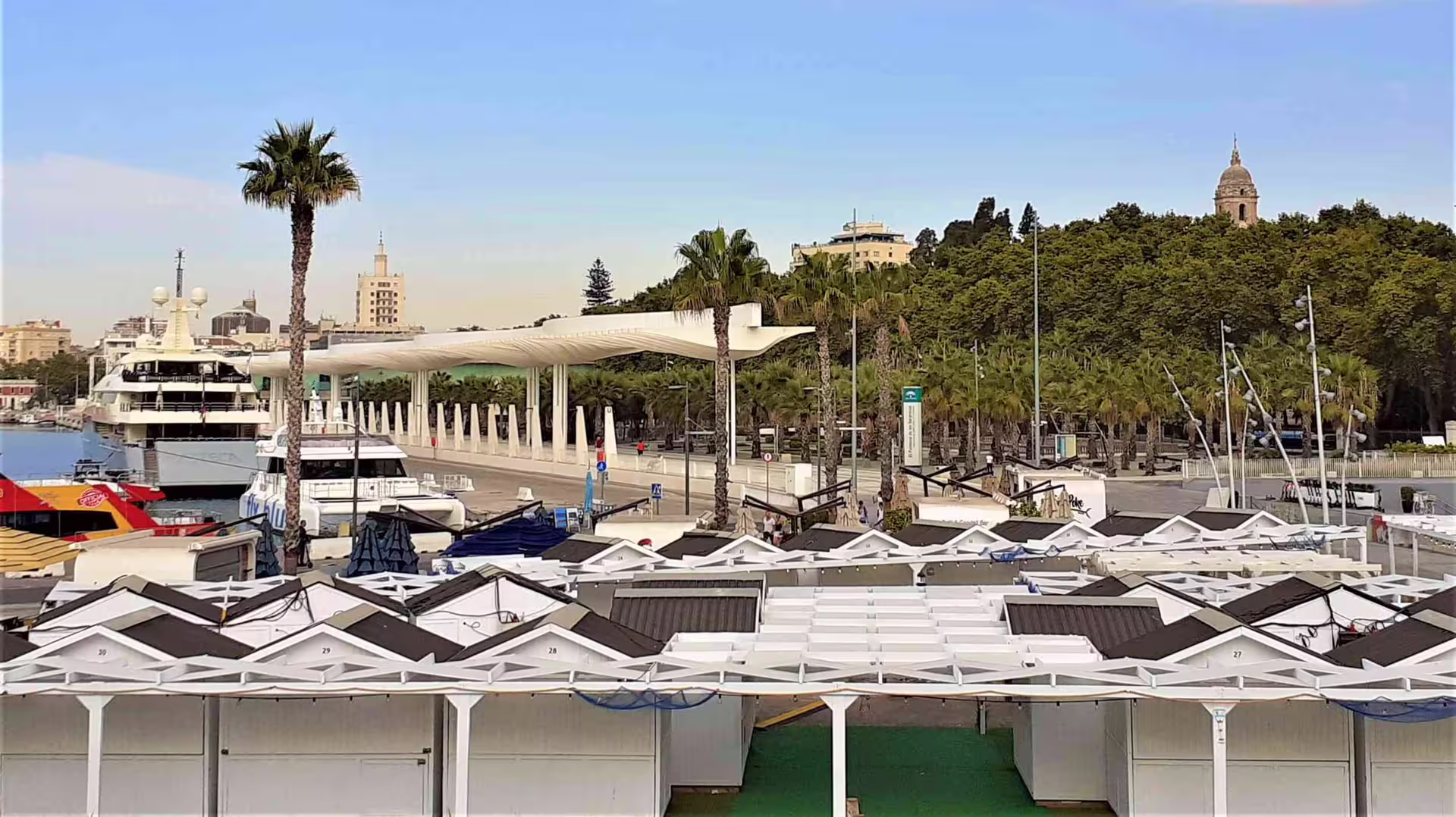 Malaga Port Muelle Uno marina with palm trees and yachts, coastal view on private full-day tour with hotel pick-up