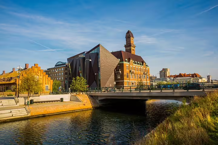 Scenic view of a historic bridge and modern architecture in Malmö, Sweden, during a private full day trip from Copenhagen by train.