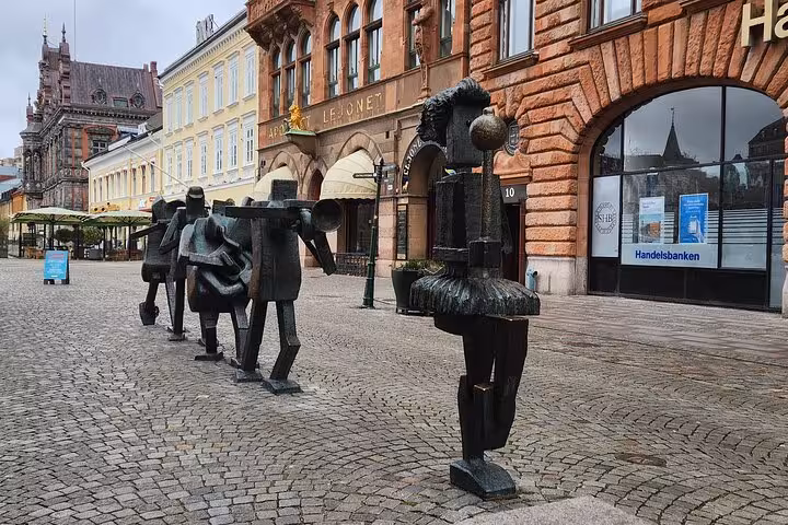 Abstract sculptures on Sodergatan Street in Malmo, offering a glimpse of contemporary art on a cultural walking tour.