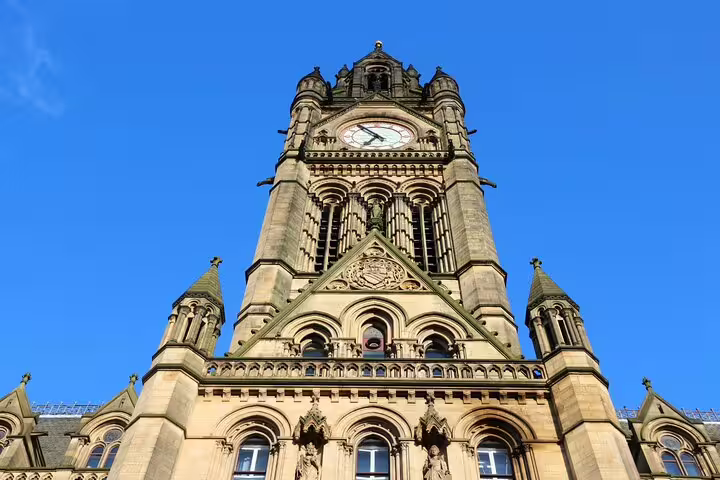 Manchester Town Hall clock tower facade, landmark on the Manchester scavenger hunt self guided audio tour