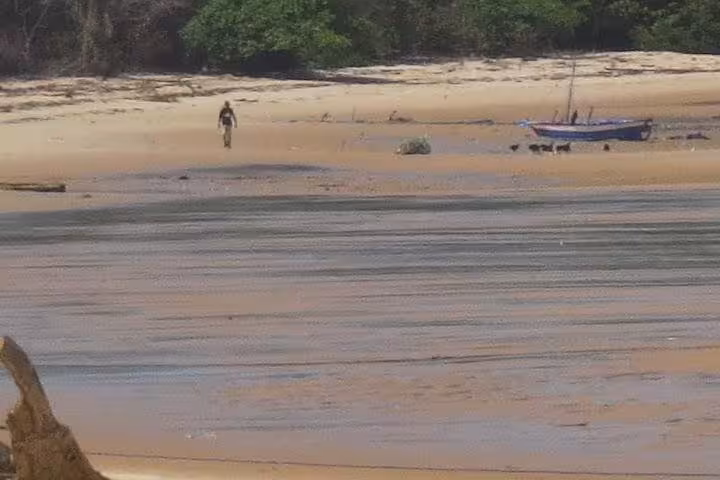 Quiet Marajó Island river beach with fishing boat, Amazon Delta scenery on 3-day tour from Belém