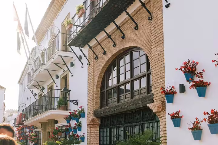 Charming street view in Marbella Old Town with traditional architecture and vibrant flower pots on a sunny day.