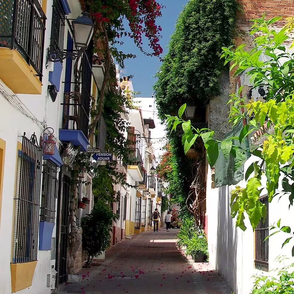 Charming Old Town Marbella lane with whitewashed houses and flowers on a guided group walking tour
