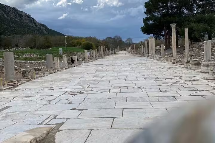 Marble Curetes Street lined with columns in Ephesus, scenic walk on private half-day Ephesus tour on-time return