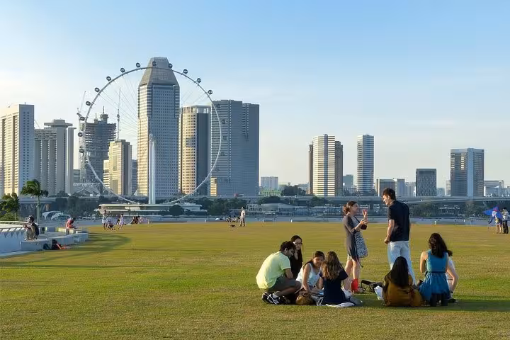 Marina Bay skyline and Singapore Flyer viewed from open lawn, ideal stop on 6-hour private car tour