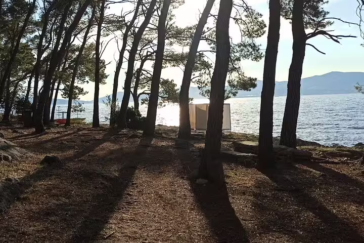 Pine forest path by the sea in Marjan Park Split, sunset scenery on Secret Marjan hiking tour
