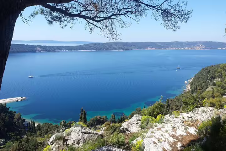 Panoramic Adriatic viewpoint from Marjan Park Split, rocky trail overlook on guided hiking tour
