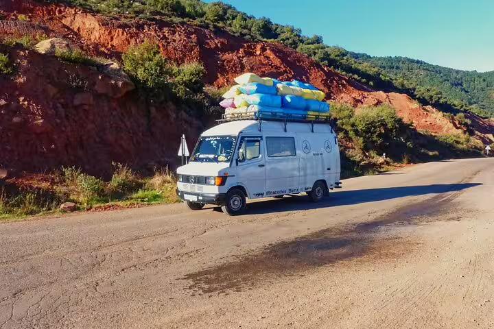 Private tour vehicle on the Tizi n’Tichka road from Marrakech to Ait Benhaddou and Telouet Kasbah