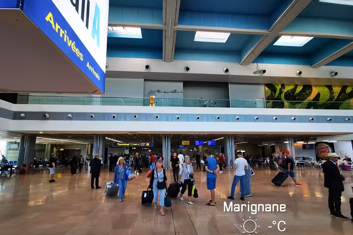 Marseille Provence Airport arrivals hall, meet-and-greet point for cruise terminal to airport transfer service