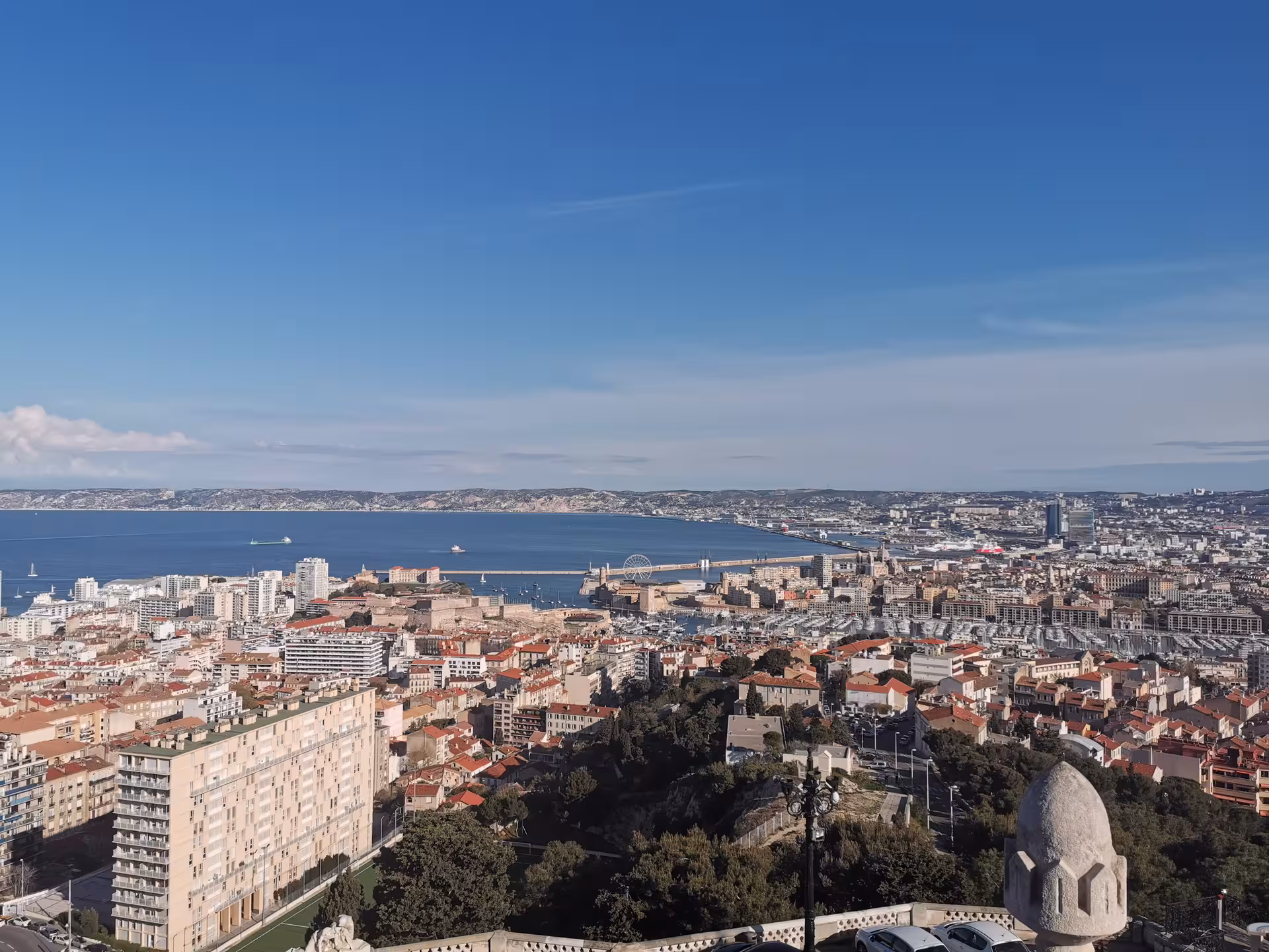 Panoramic Marseille skyline and Old Port views from Notre-Dame de la Garde on a private Provence day trip