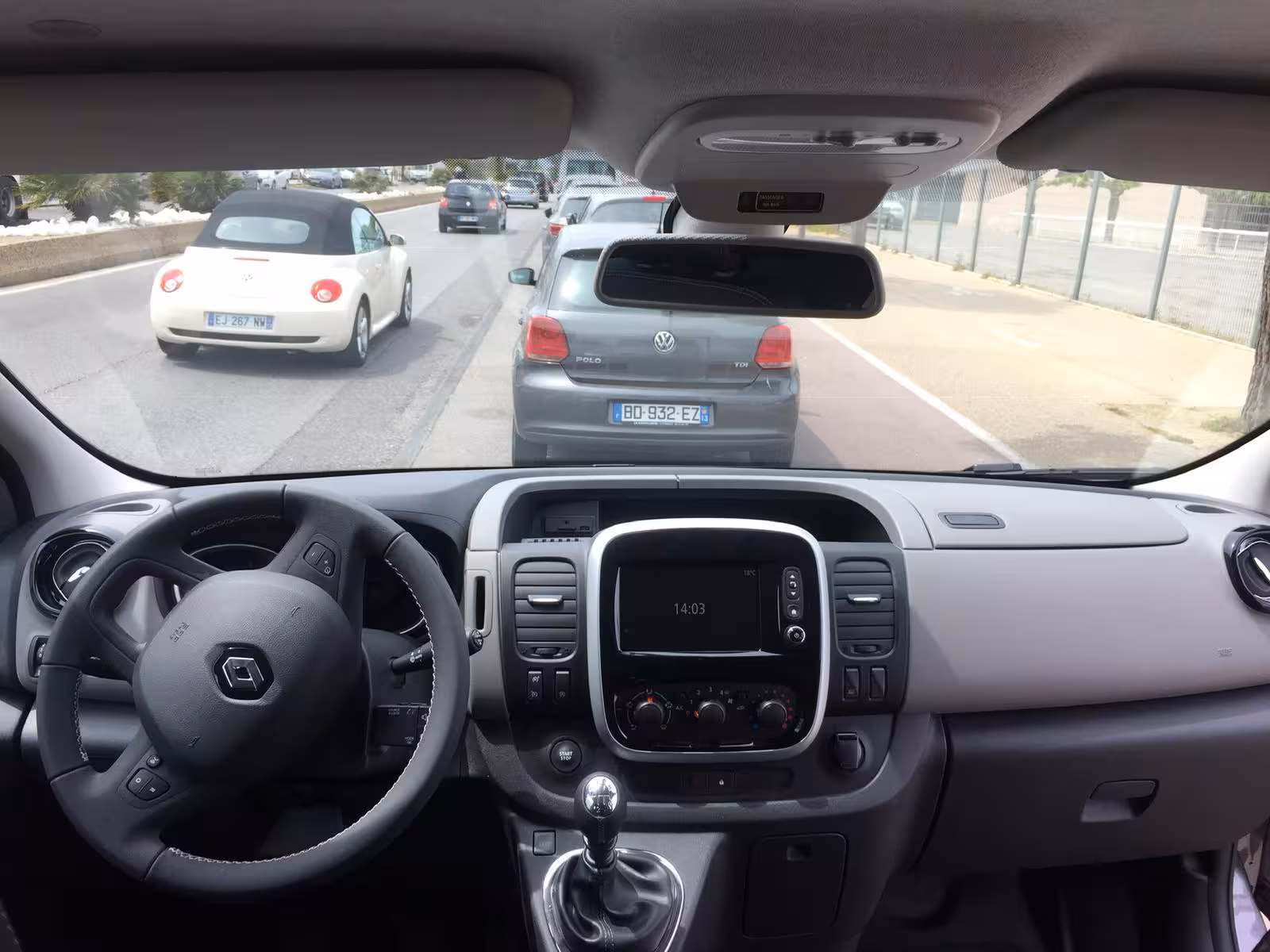 Driver view inside shuttle van for Marseille Provence Airport transfer to Marseille train station, port and hotels