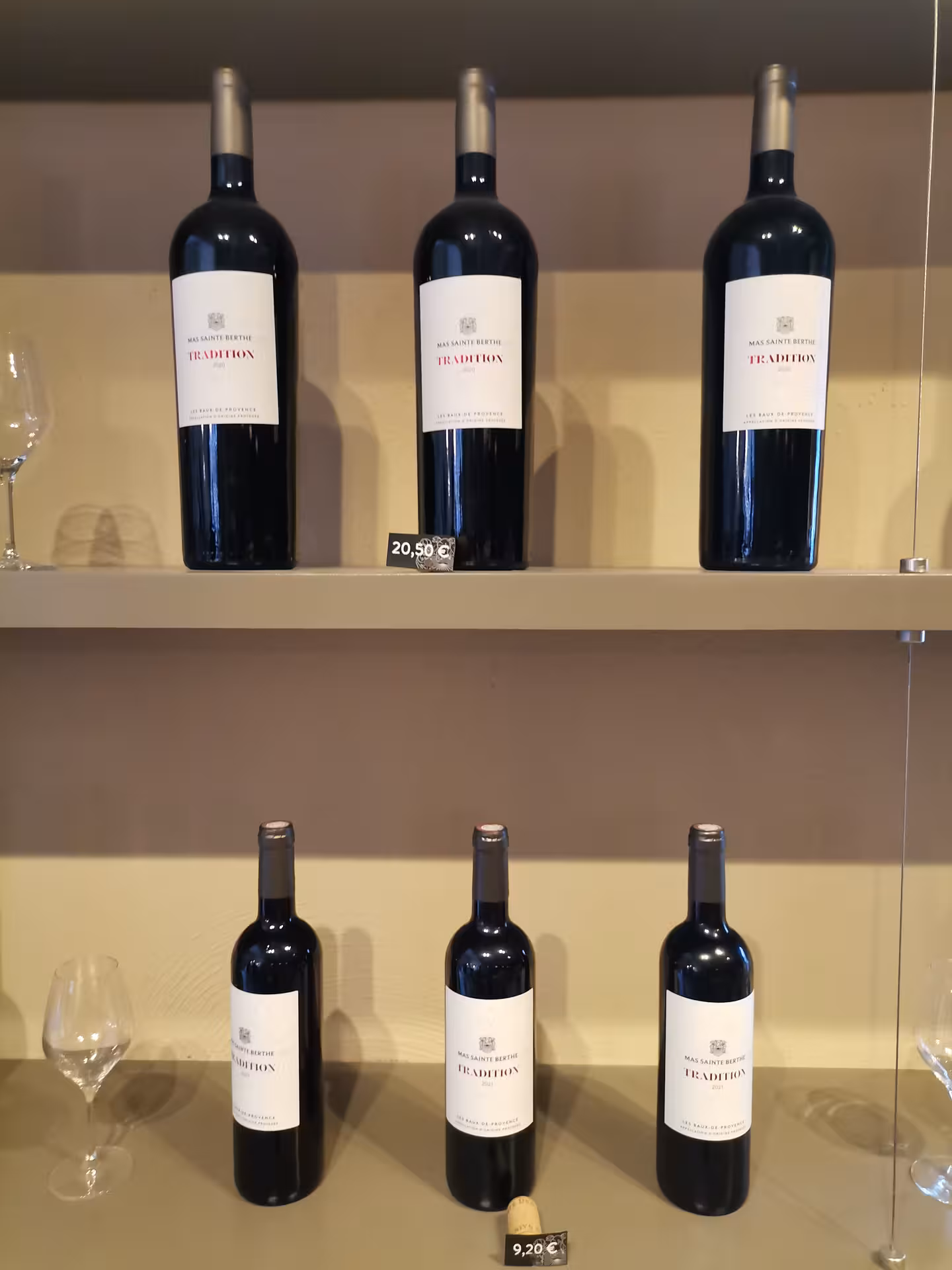 Bottles of Mas Sainte Berthe wine on display, Provence tasting stop near Les Baux-de-Provence and Arles