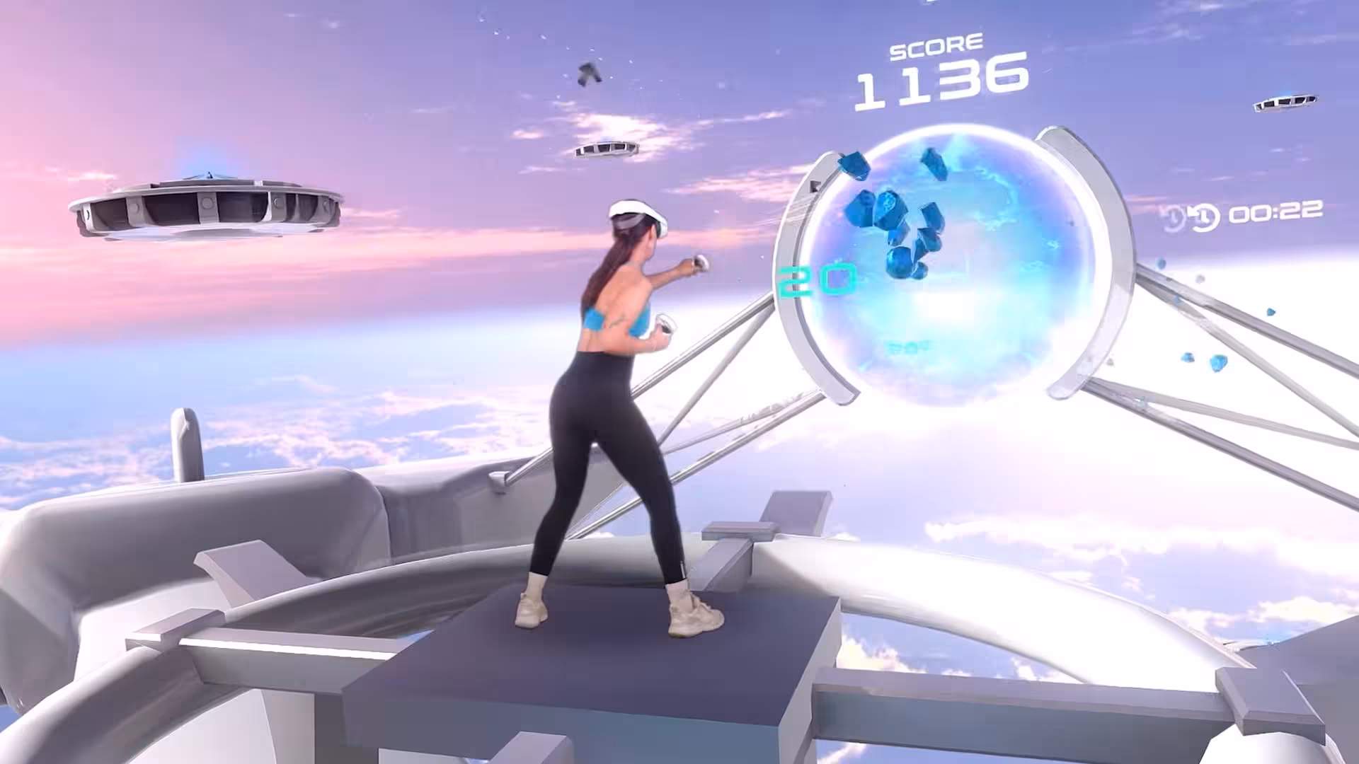 Matrix Ludicrous VR boxing challenge above the clouds, player punching glowing targets in futuristic sky arena