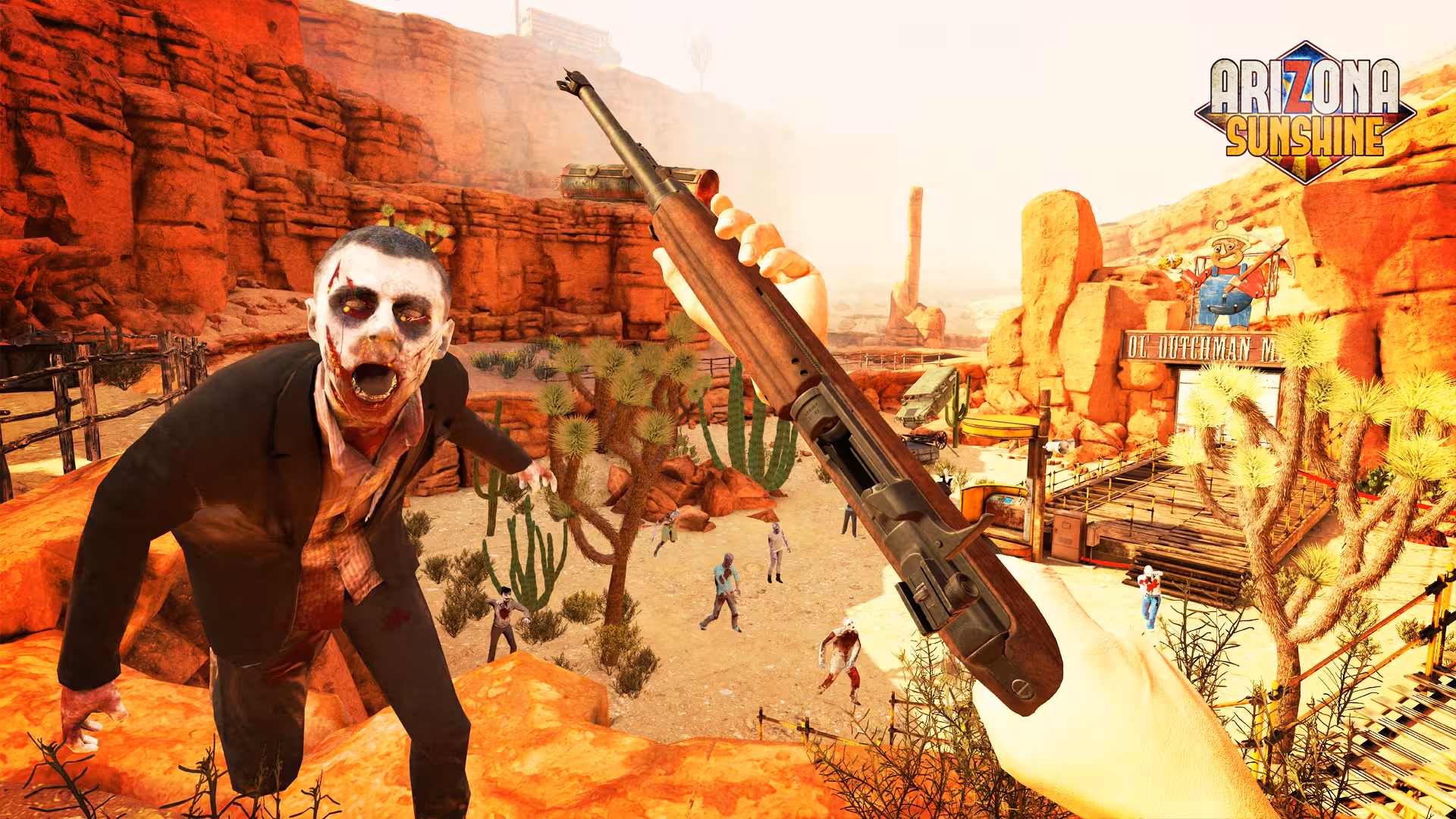 Matrix Ludicrous VR shooter scene in Arizona desert canyon with zombies and rifle aiming at the target