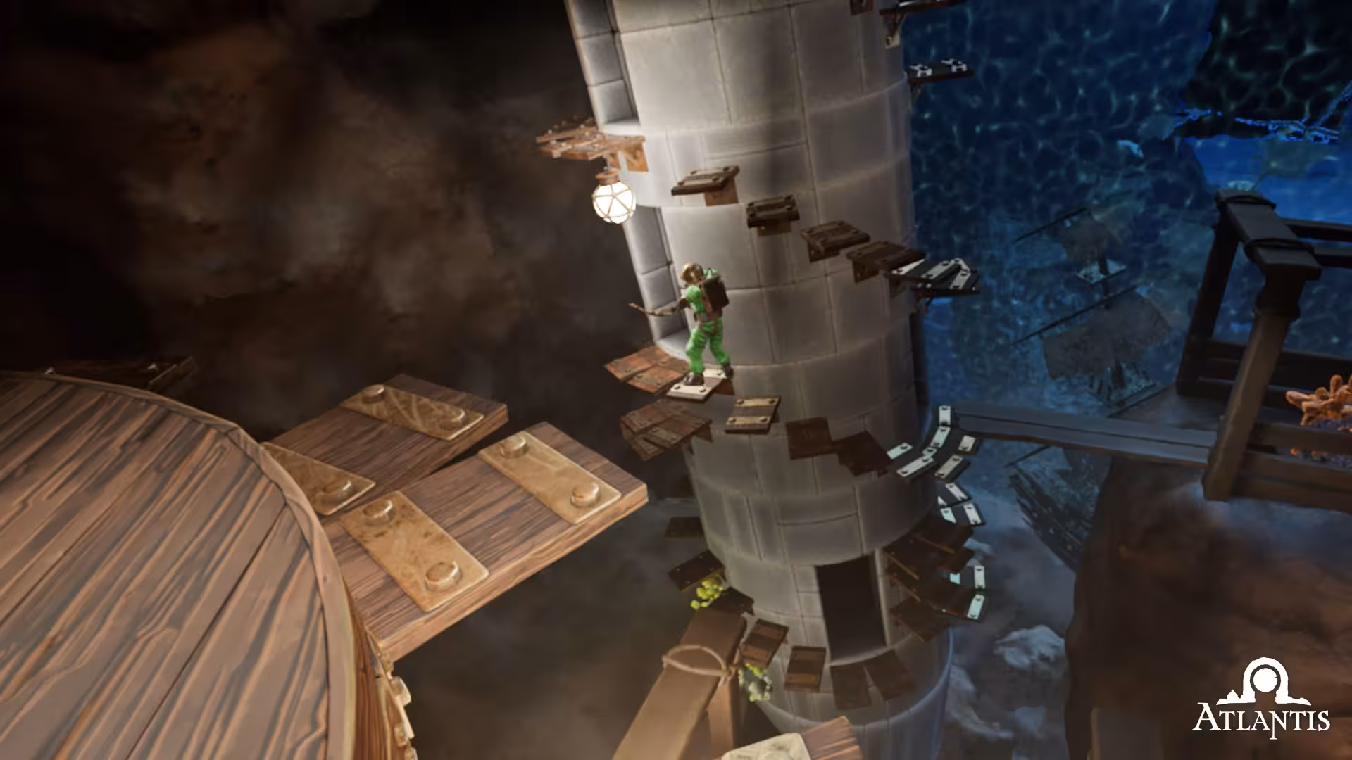 Atlantis VR climbing challenge on floating platforms around a tower, immersive adventure game experience