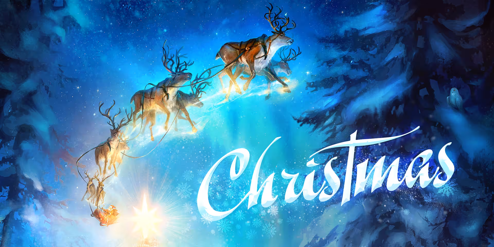 Matrix Power Christmas escape room artwork with flying reindeer sleigh in snowy night sky and holiday glow