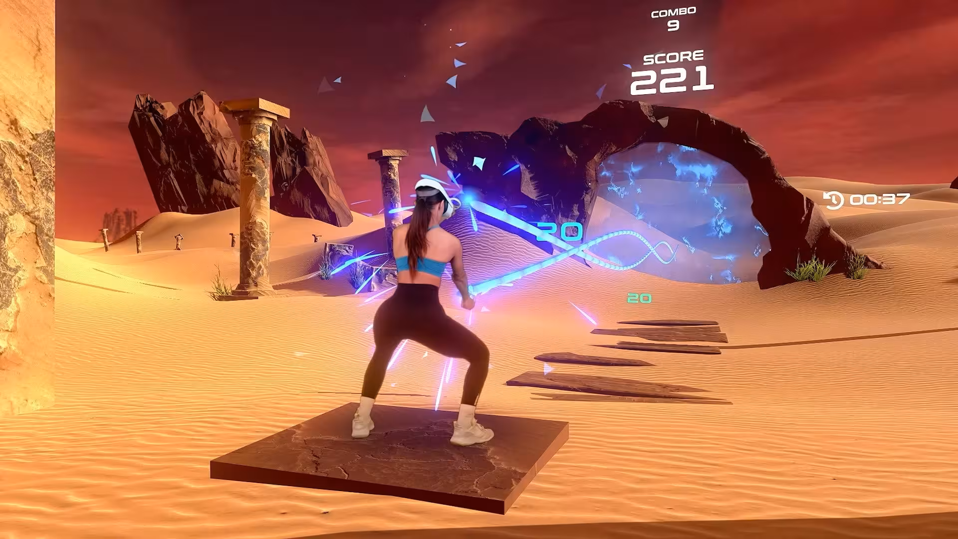 Matrix Power VR fitness tour with player slicing neon targets in desert arena, score HUD and ruins backdrop