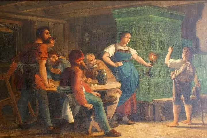 Medieval Lucerne tavern scene with townsfolk gathered around a table, a woman holding a candle, perfect for nightwatchman tour.