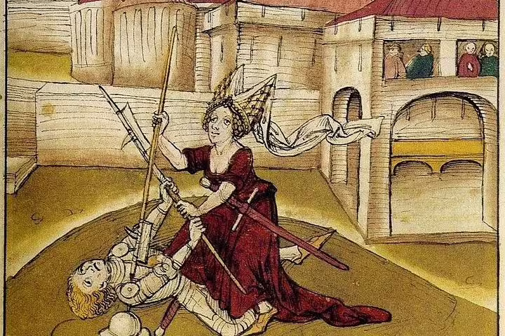 Illustration of a medieval woman in a castle courtyard triumphing over a knight, ideal for a Lucerne historical tour.