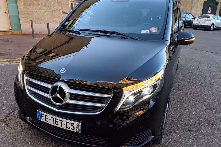 Black Mercedes van for private transfer in Marseille from airport to cruise port, hotel or train station
