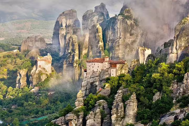 Meteora monasteries on towering rock pillars near Kalabaka, scenic stop on private transfer from Athens