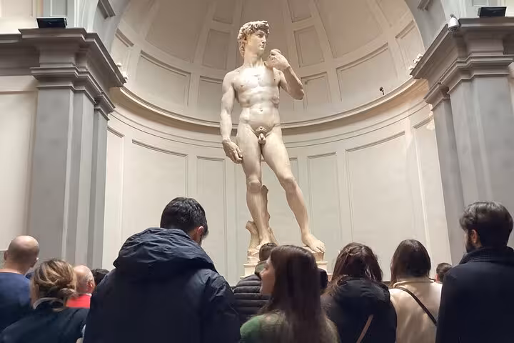 Visitors admire Michelangelo's David at the Accademia Gallery in Florence during a private guided tour.