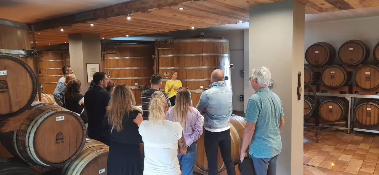 Visitors enjoy a guided tour of Modena's balsamic vinegar cellar, surrounded by large oak barrels and expert insights.