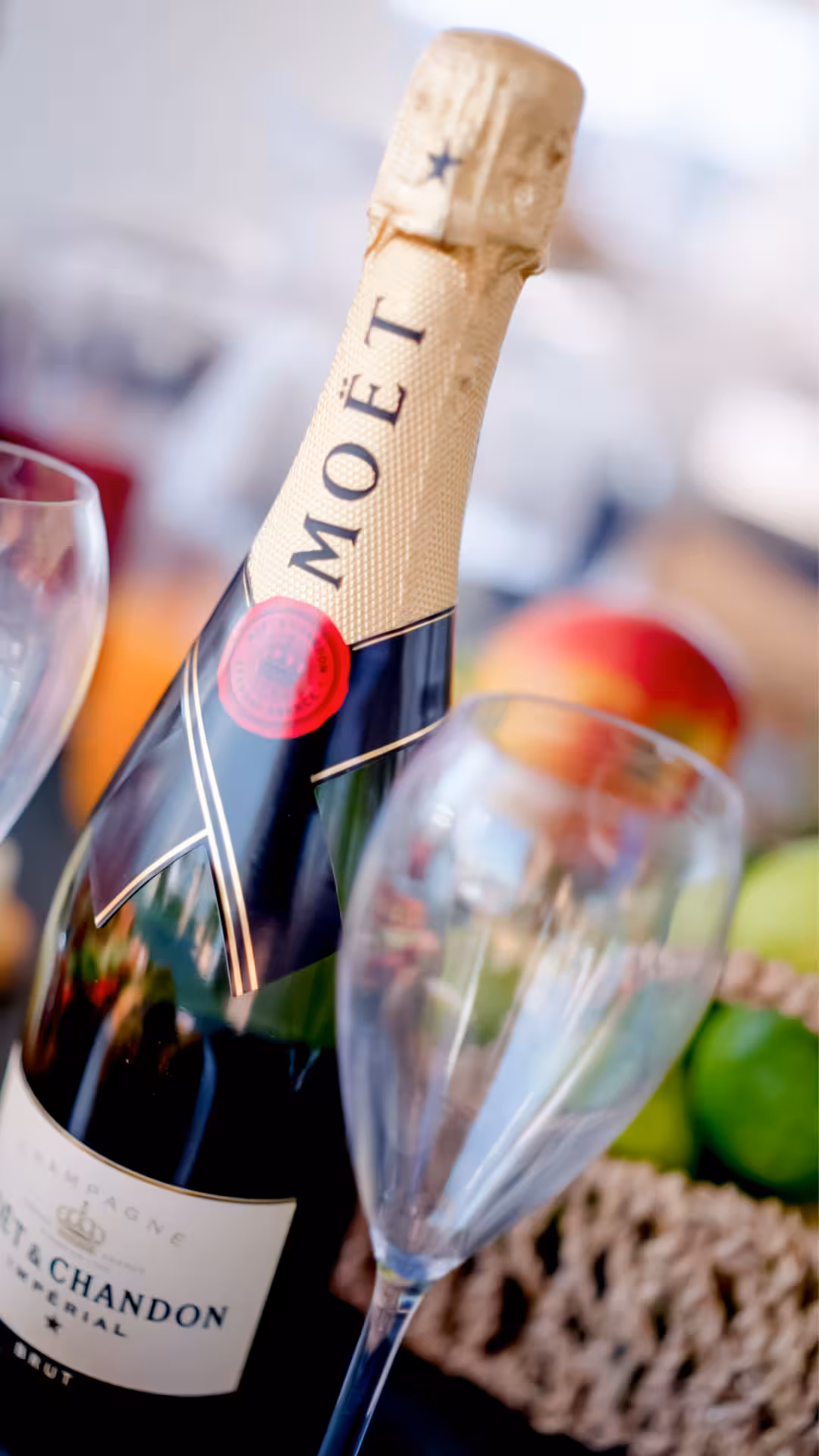 Moet champagne and flutes for a luxury marriage proposal celebration, ideal for romantic yacht or private cruise