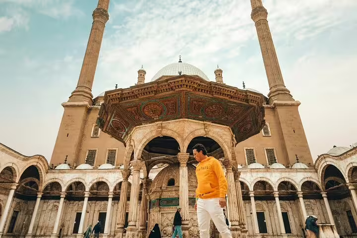 Traveler at Mohamed Ali Mosque, Cairo Citadel, on private El Sokhna port tour with Pyramids and bazaar