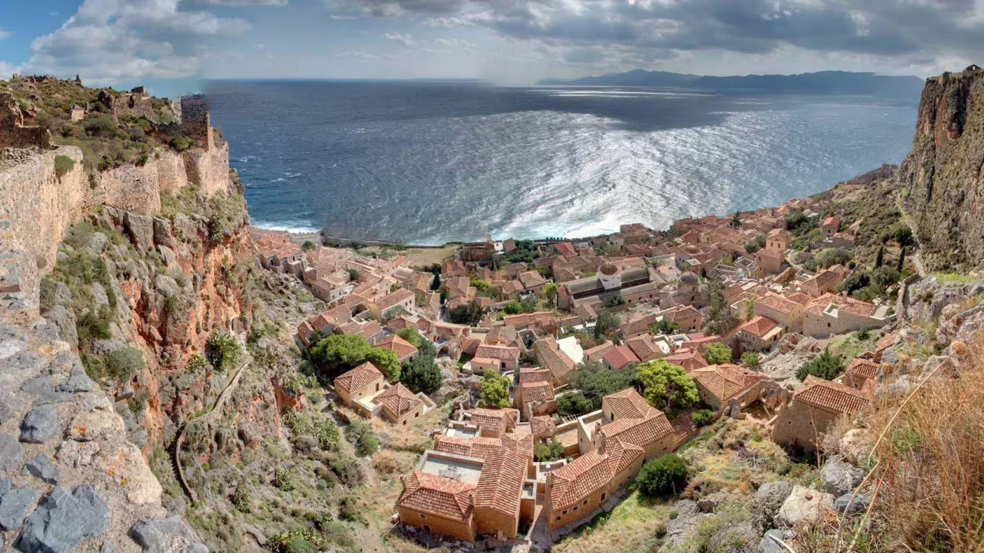 Panoramic view of Monemvasia castle town and Aegean Sea on 2-day private tour from Athens with overnight stay