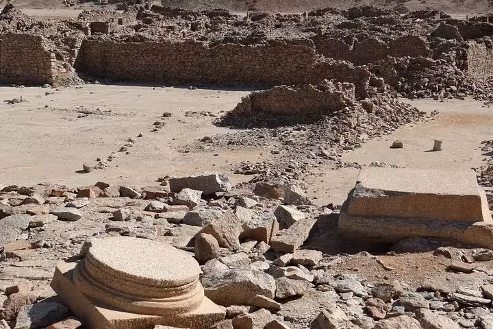 Ancient granite column base and quarry ruins at Mons Claudianus, Safaga Desert, Egypt jeep safari stop