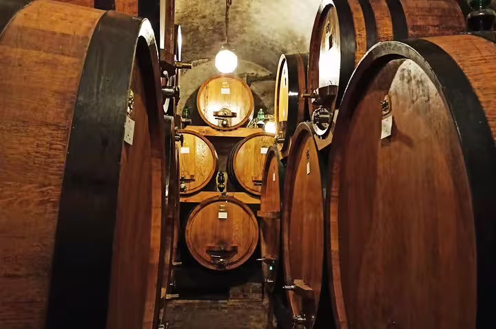 Historic Montepulciano wine cellar lined with large oak barrels visited on a private Cortona wine tasting tour in Tuscany