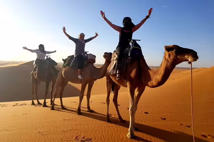 Travelers riding camels on Sahara dunes at sunrise, Merzouga desert experience on Morocco 10 days tour from Casablanca